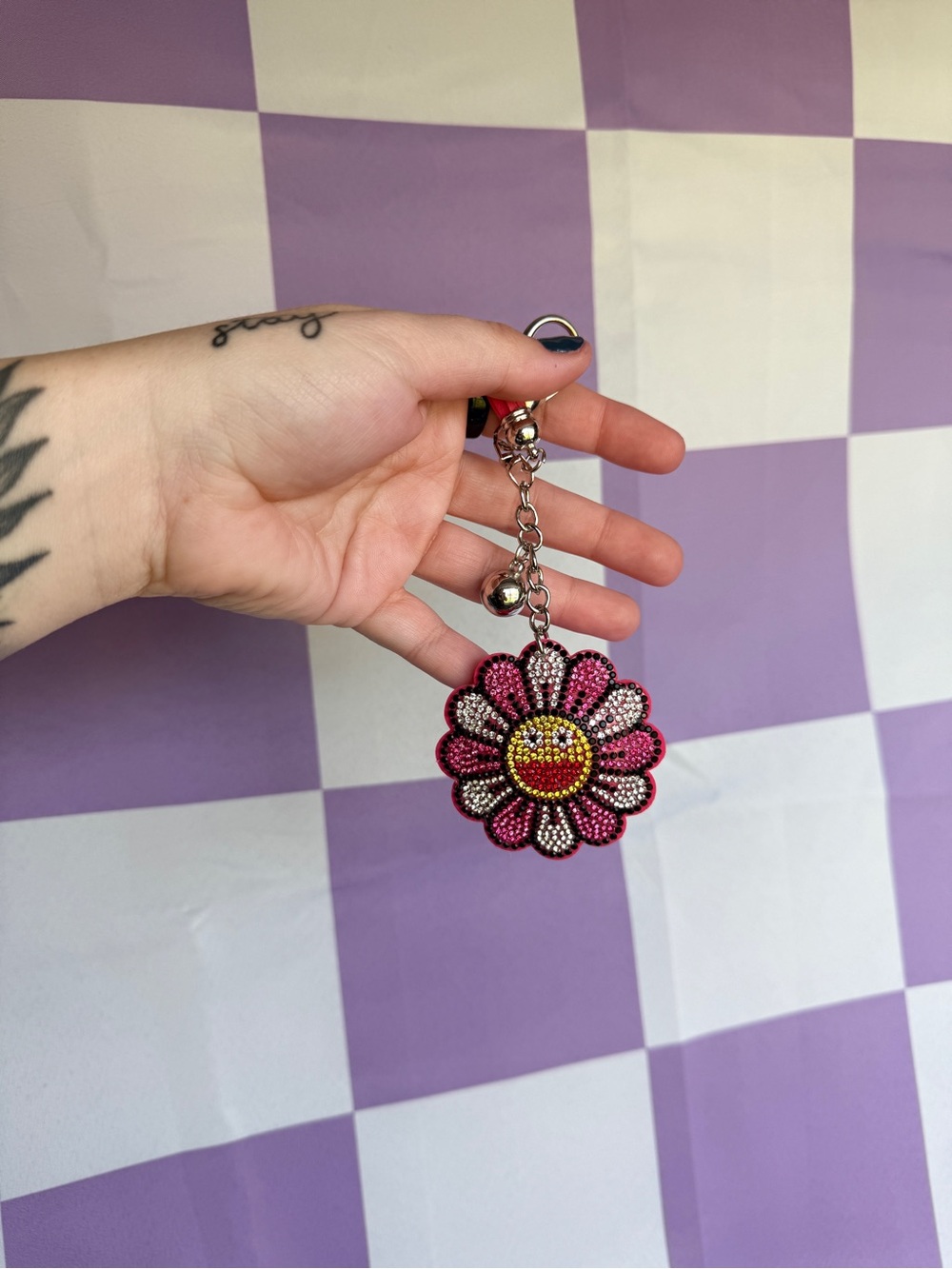 Pink Beaded Smiley Flower Keychain Charm